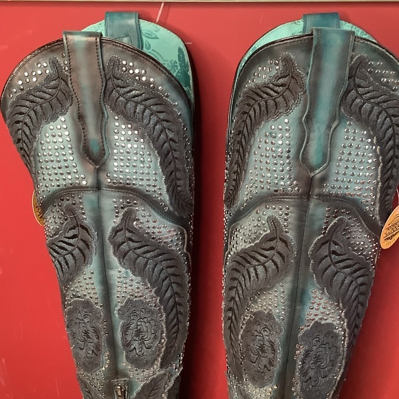 CORRAL Willow Over The Knee Black & Turquoise Western Boots ~3” Heel Inside Zip - Picture 9 of 16